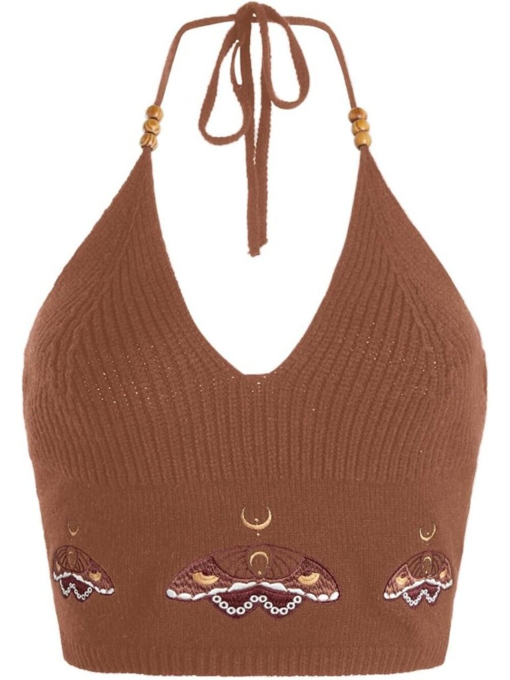 Women's Coffee Embroidery Crop Top Western V-Neck Ribbed Knit Cowgirl Shirts